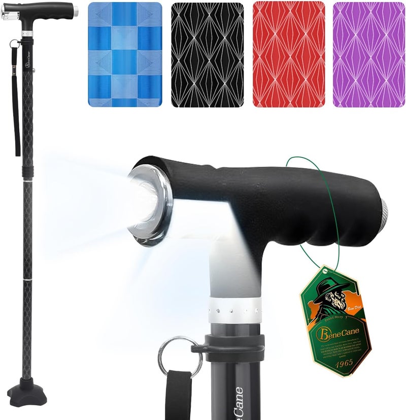 BeneCane Walking Cane for Women Folding Cane for Men with Two Led Lights Quad Cane with Stable Base Lightweight and Adjustable Walking Stick - Image 1